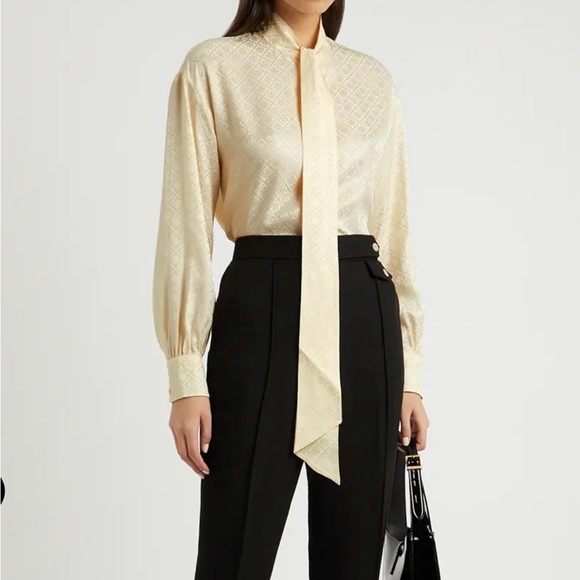 Tory Burch French-cream Tie Neck silk blouse; Jacquard logo; NWT - Picture 4 of 11